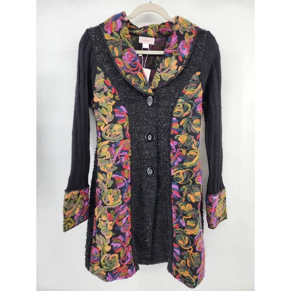 Kamana Small wool blend Longline Cardigan Coat Floral Mixed Media Knit Boho NWT